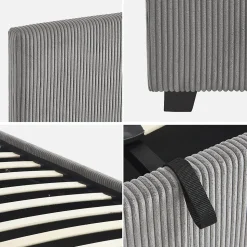 Lit coffre avec sommier à lattes et tête de lit. finition velours côtelé gris. L 202 x P 148 x H 86cm