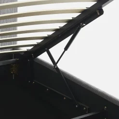 Lit coffre avec sommier à lattes et tête de lit. finition velours côtelé gris. L 202 x P 148 x H 86cm