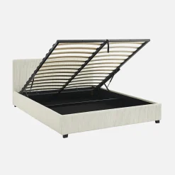 Lit coffre avec sommier à lattes et tête de lit. finition velours côtelé blanc. L 211 x P 168 x H 86cm