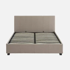 Lit coffre avec sommier à lattes et tête de lit. finition tissu beige. L 202 x P 148 x H 86cm