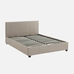 Lit coffre avec sommier à lattes et tête de lit. finition tissu beige. L 202 x P 148 x H 86cm