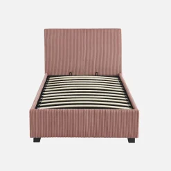 Lit coffre avec sommier à lattes et tête de lit. finition velours côtelé rose. L 202 x P 97.5 x H 86cm