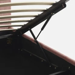 Lit coffre avec sommier à lattes et tête de lit. finition velours côtelé rose. L 202 x P 97.5 x H 86cm