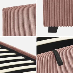 Lit coffre avec sommier à lattes et tête de lit. finition velours côtelé rose. L 202 x P 97.5 x H 86cm