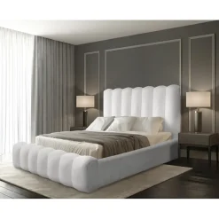 Lit coffre BADJA Tissu bouclé Perle de lin 180x200 cm Sommier relevable Design haut de gamme