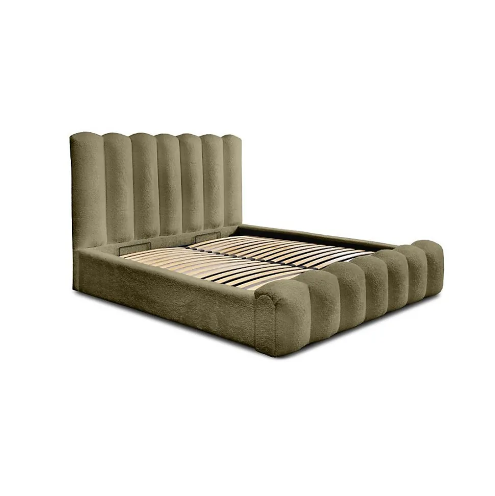 Lit coffre BADJA Tissu bouclé Sauge sèchée 160x200 cm Sommier relevable Design haut de gamme