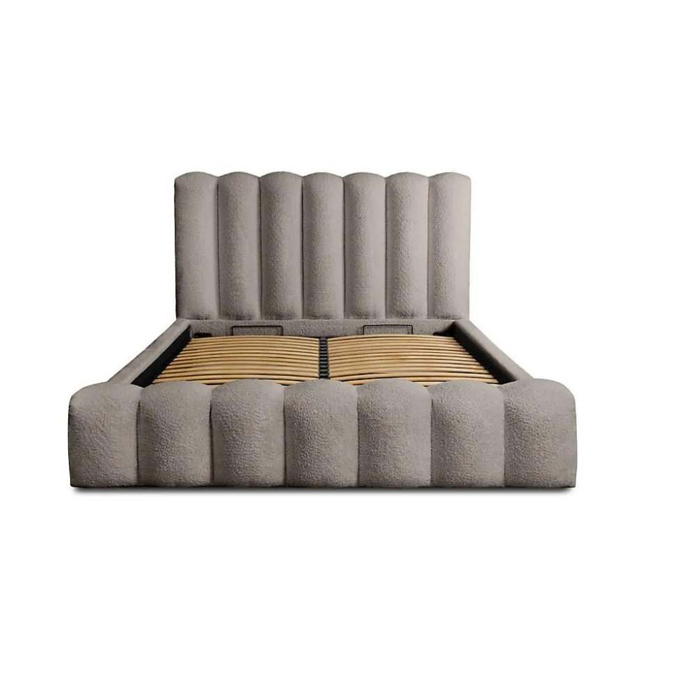 Lit coffre BADJA Tissu bouclé Taupe cendré 140x200 cm Sommier relevable Design haut de gamme