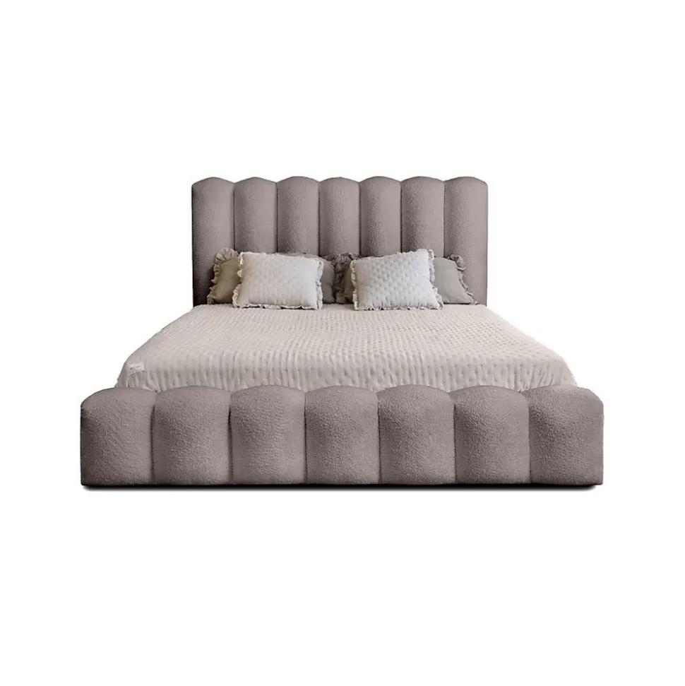 Lit coffre BADJA Tissu bouclé Taupe cendré 140x200 cm Sommier relevable Design haut de gamme