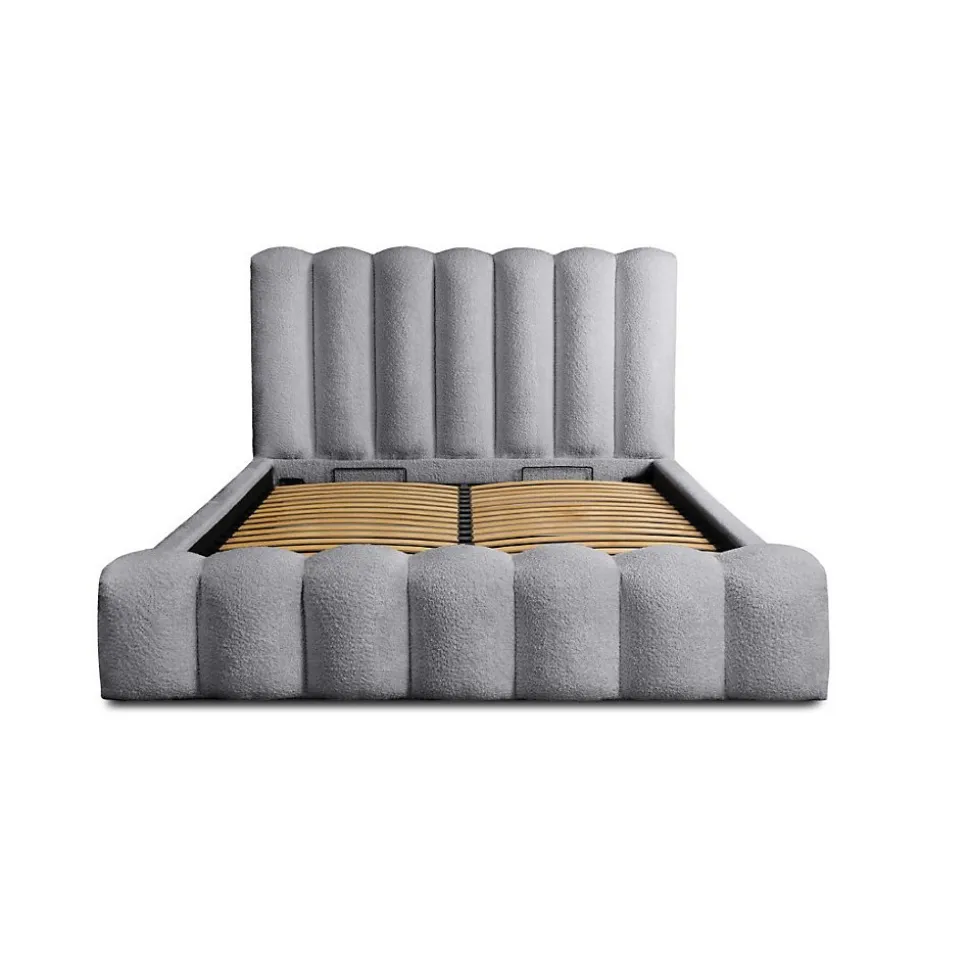 Lit coffre BADJA Tissu bouclé Perle daube 140x200 cm Sommier relevable Design haut de gamme