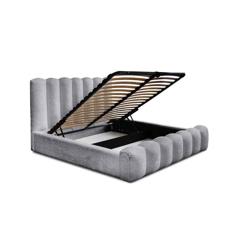 Lit coffre BADJA Tissu bouclé Perle daube 140x200 cm Sommier relevable Design haut de gamme