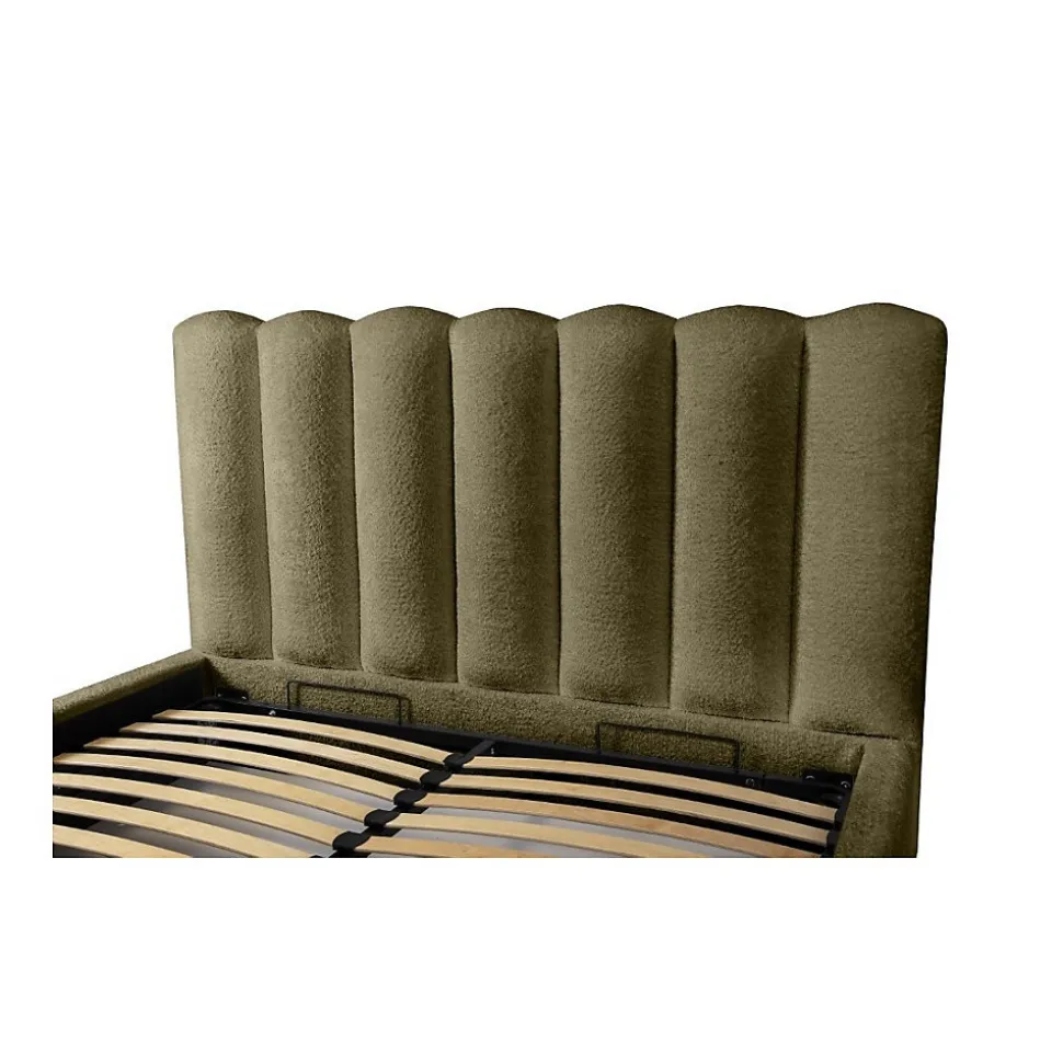 Lit coffre BADJA Tissu bouclé Sauge sèchée 180x200 cm Sommier relevable Design haut de gamme