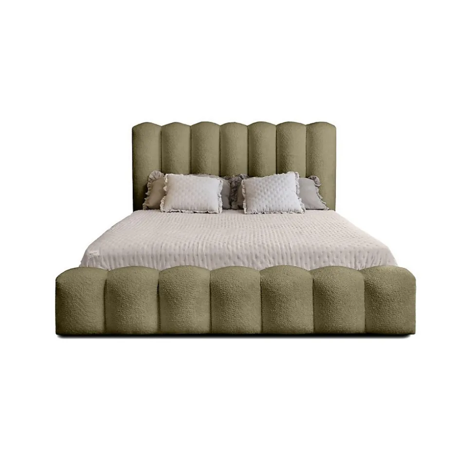 Lit coffre BADJA Tissu bouclé Sauge sèchée 180x200 cm Sommier relevable Design haut de gamme
