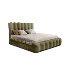 Lit coffre BADJA Tissu bouclé Sauge sèchée 140x200 cm Sommier relevable Design haut de gamme