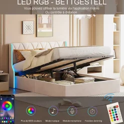 Lit Coffre beige 160x200 cm, Lit Double avec Rangement, Lits pour Adulte Coffre,avec LED Tete de lit Tissu Velours