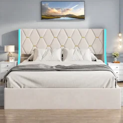 Lit Coffre beige 160x200 cm, Lit Double avec Rangement, Lits pour Adulte Coffre,avec LED Tete de lit Tissu Velours