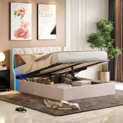 Lit Coffre beige 160x200 cm, Lit Double avec Rangement, Lits pour Adulte Coffre,avec LED Tete de lit Tissu Velours