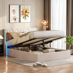 Lit Coffre beige 160x200 cm, Lit Double avec Rangement, Lits pour Adulte Coffre,avec LED Tete de lit Tissu Velours