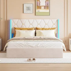 Lit Coffre beige 140x190 cm, Lit Double avec Rangement, Lits pour Adulte Coffre,avec LED Tete de lit Tissu Velours