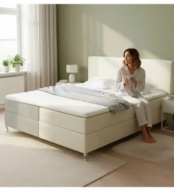 Lit Coffre Bicolore 160x200 cm Velours Alcantara beige et sable avec Matelas et Rangement Integre