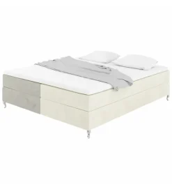 Lit Coffre Bicolore 160x200 cm Velours Alcantara beige et sable avec Matelas et Rangement Integre