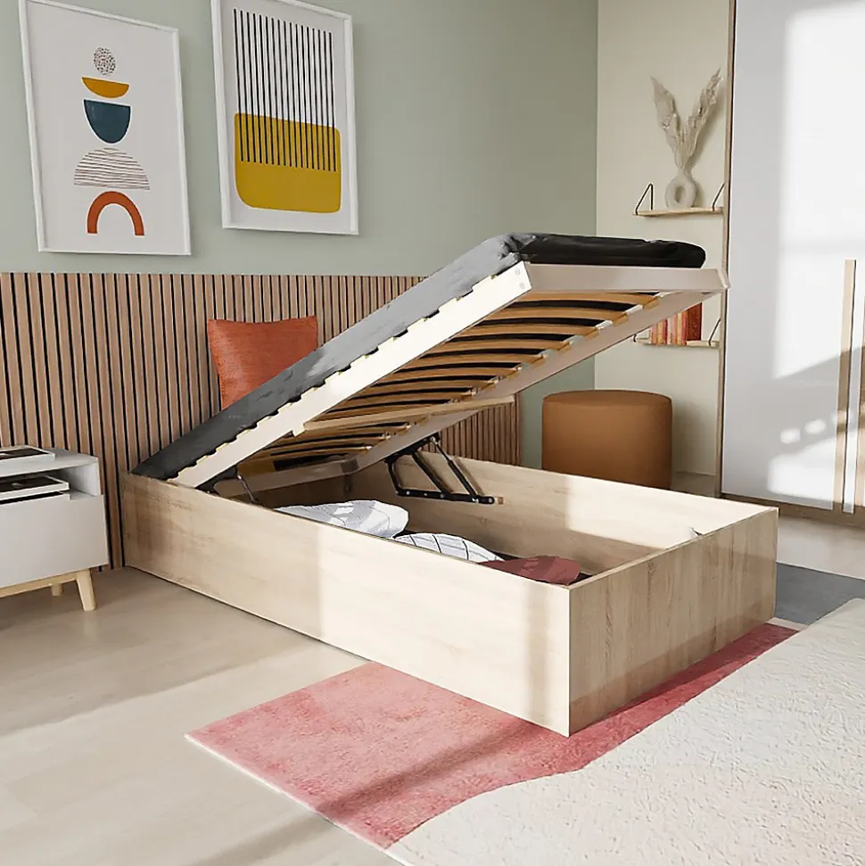 Lit coffre BILBAO 90x200 cm + sommier / Décor chêne blanchi