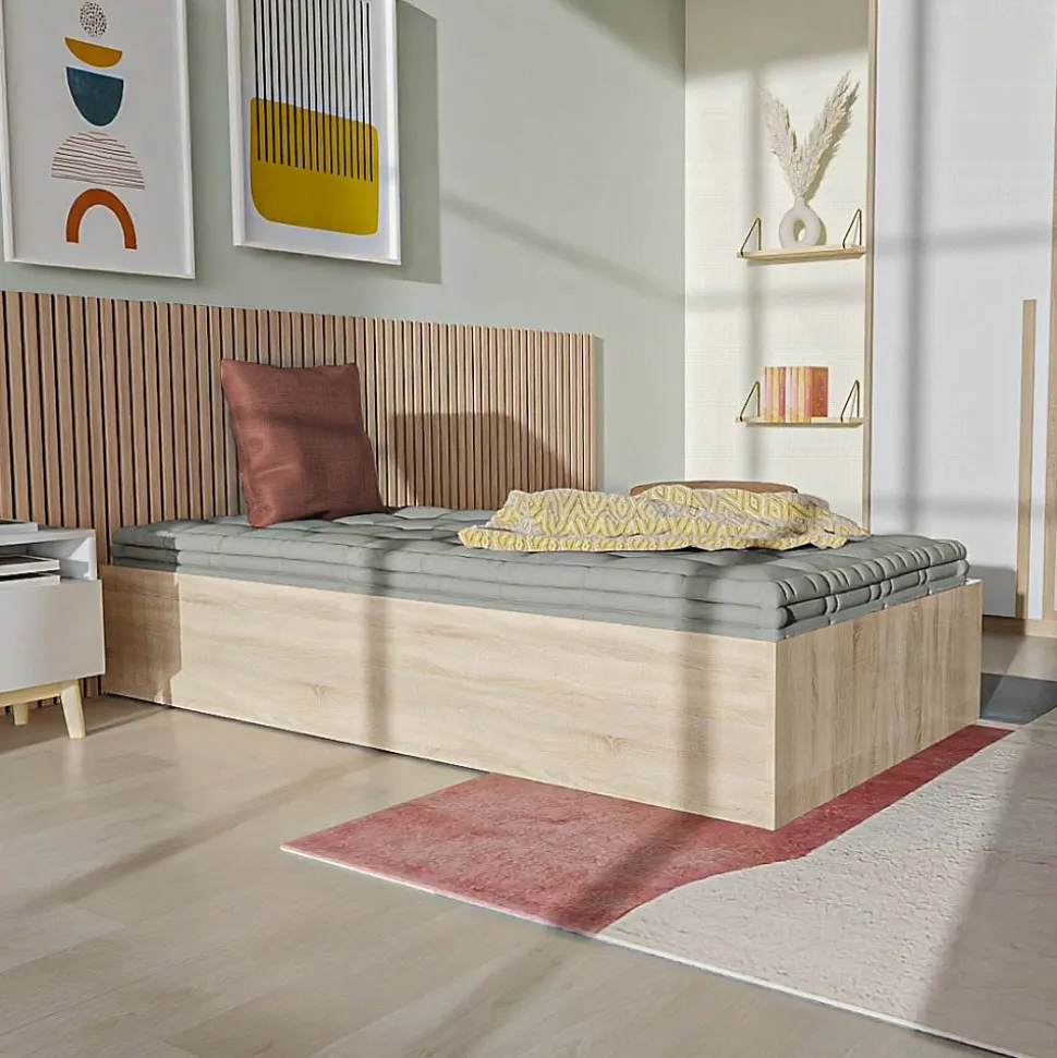 Lit coffre BILBAO 90x200 cm + sommier / Décor chêne blanchi