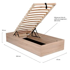 Lit coffre BILBAO 90x200 cm + sommier / Décor chêne blanchi