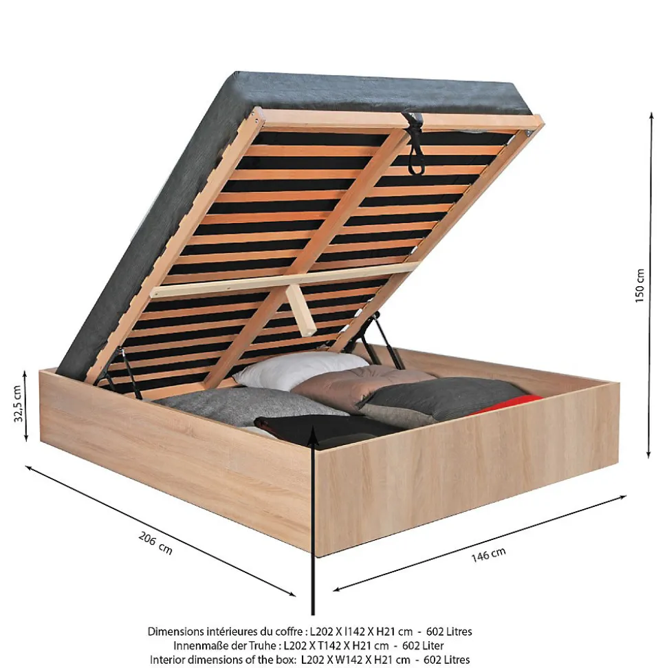 Lit coffre BILBAO 140x200 cm + sommier / Décor chêne blanchi