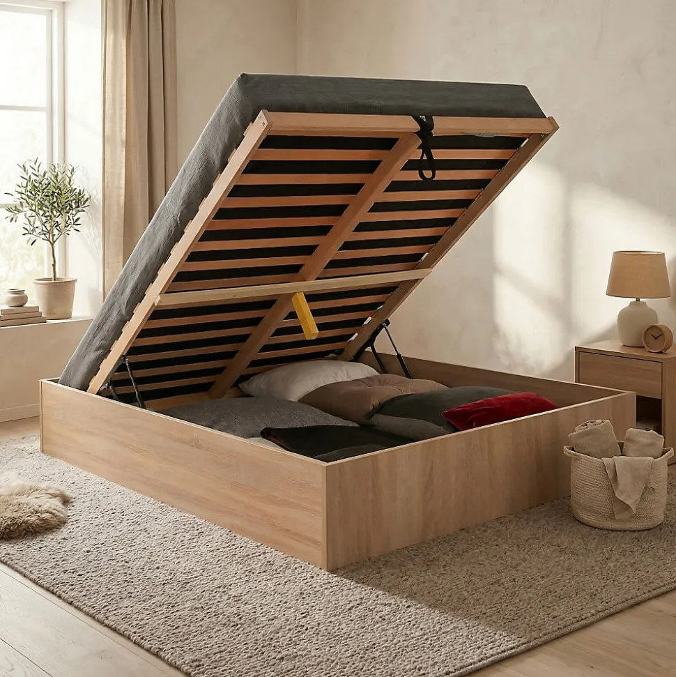 Lit coffre BILBAO 140x190 cm + sommier / Décor chêne blanchi