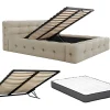 Lit coffre capitonné 140 x 190 cm - Tissu chiné - Beige + Matelas - LERUCO
