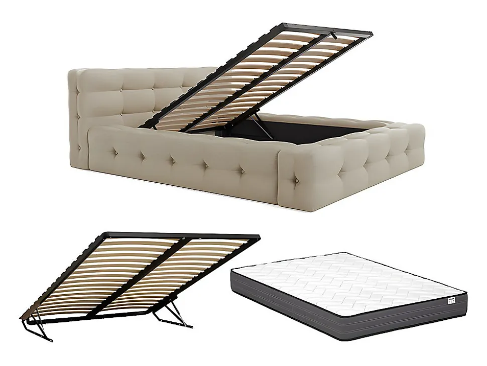 Lit coffre capitonné 140 x 190 cm - Tissu chiné - Beige + Matelas - LERUCO