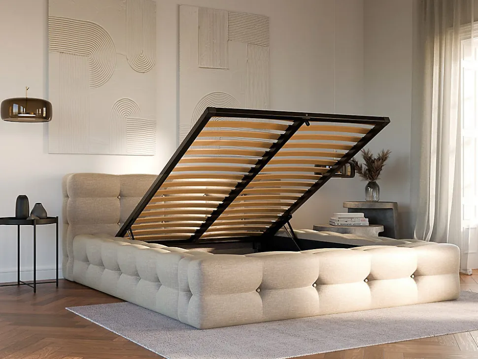 Lit coffre capitonné 140 x 190 cm - Tissu chiné - Beige + Matelas - LERUCO