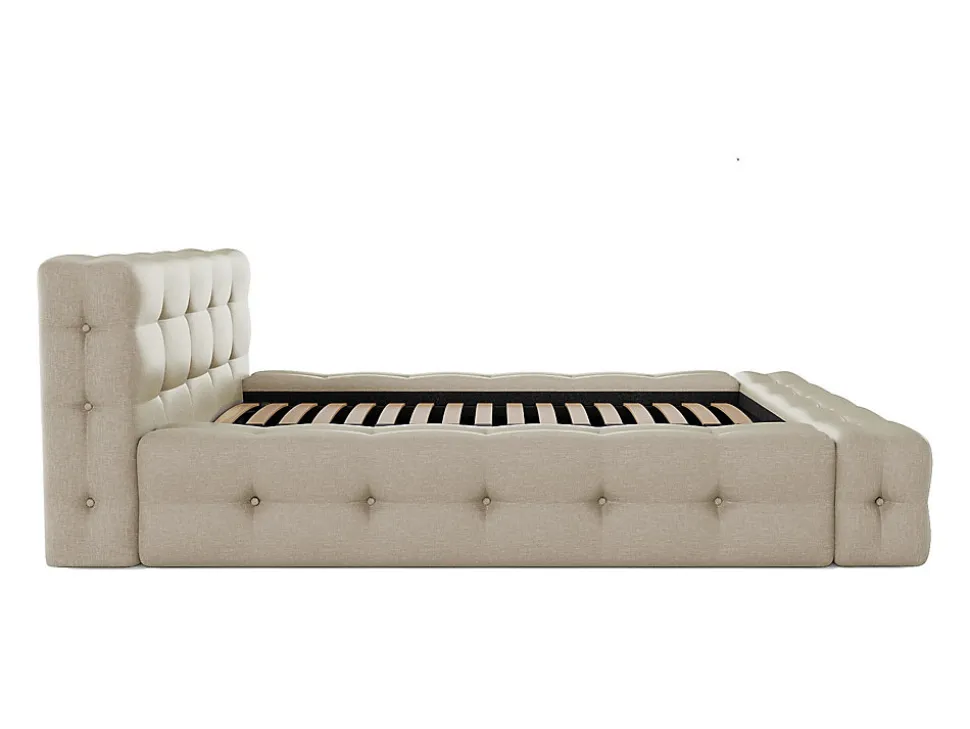 Lit coffre capitonné 140 x 190 cm - Tissu chiné - Beige + Matelas - LERUCO