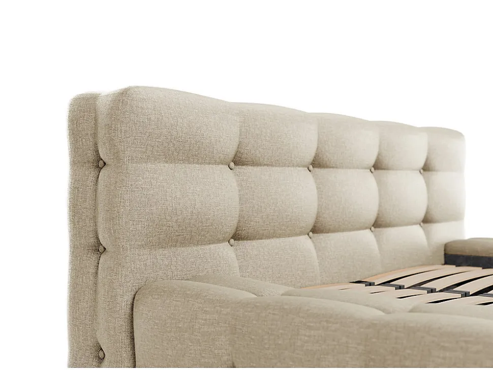 Lit coffre capitonné 140 x 190 cm - Tissu chiné - Beige + Matelas - LERUCO