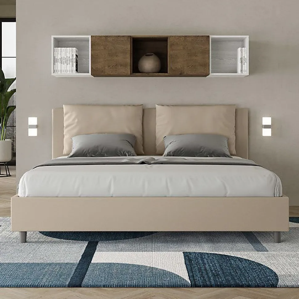 Lit coffre capitonné simili cuir gris tourterelle Antea 180x200