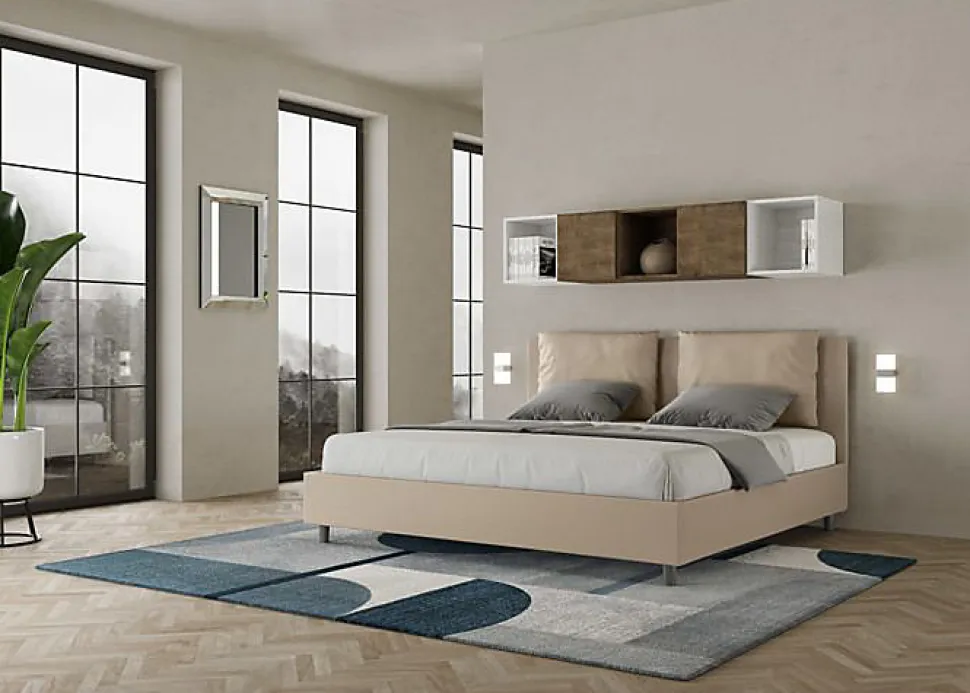 Lit coffre capitonné simili cuir gris tourterelle Antea 180x200