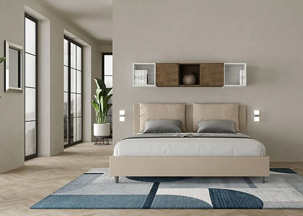 Lit coffre capitonné simili cuir gris tourterelle Antea 180x200