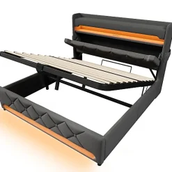 Lit coffre capitonné 160x200cm avec LED et Ports de charge USB - tissu en Lin - tête de lit avec espace de rangement - Gris