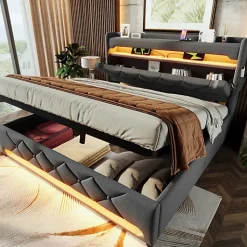 Lit coffre capitonné 160x200cm avec LED et Ports de charge USB - tissu en Lin - tête de lit avec espace de rangement - Gris