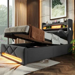 Lit coffre capitonné 90x200cm avec LED et ports de charge USB - tissu en Lin - tête de lit avec espace de rangement - Gris