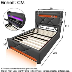 Lit coffre capitonné 90x200cm avec LED et ports de charge USB - tissu en Lin - tête de lit avec espace de rangement - Gris