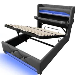 Lit coffre capitonné 90x200cm avec LED et ports de charge USB - tissu en Lin - tête de lit avec espace de rangement - Gris