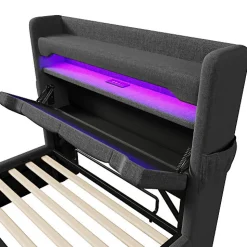 Lit coffre capitonné 90x200cm avec LED et ports de charge USB - tissu en Lin - tête de lit avec espace de rangement - Gris