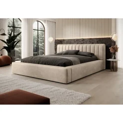 Lit coffre CERVIN Velours doux Nude Sablé 180x200 cm Sommier relevable Design élégant