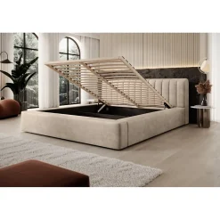 Lit coffre CERVIN Velours doux Nude Sablé 180x200 cm Sommier relevable Design élégant