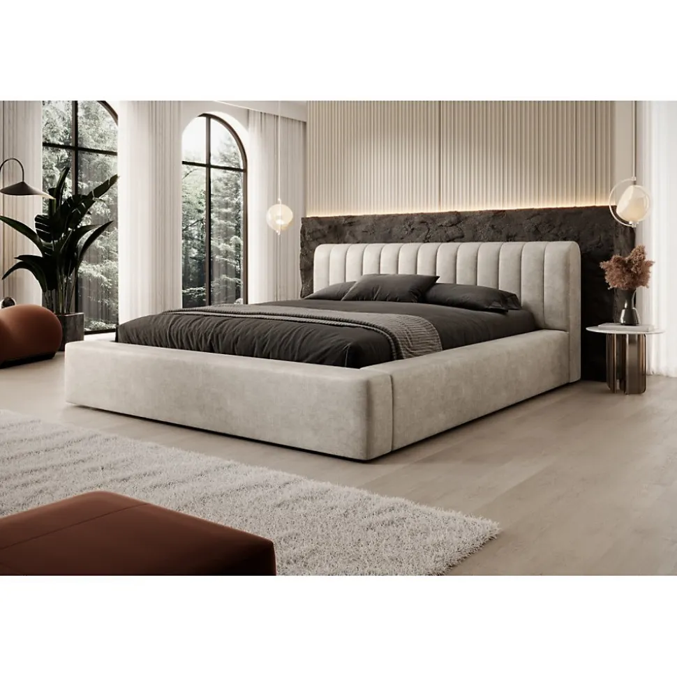 Lit coffre CERVIN Velours doux Lin naturel 180x200 cm Sommier relevable Design élégant