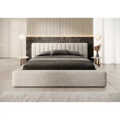 Lit coffre CERVIN Velours doux Lin naturel 180x200 cm Sommier relevable Design élégant