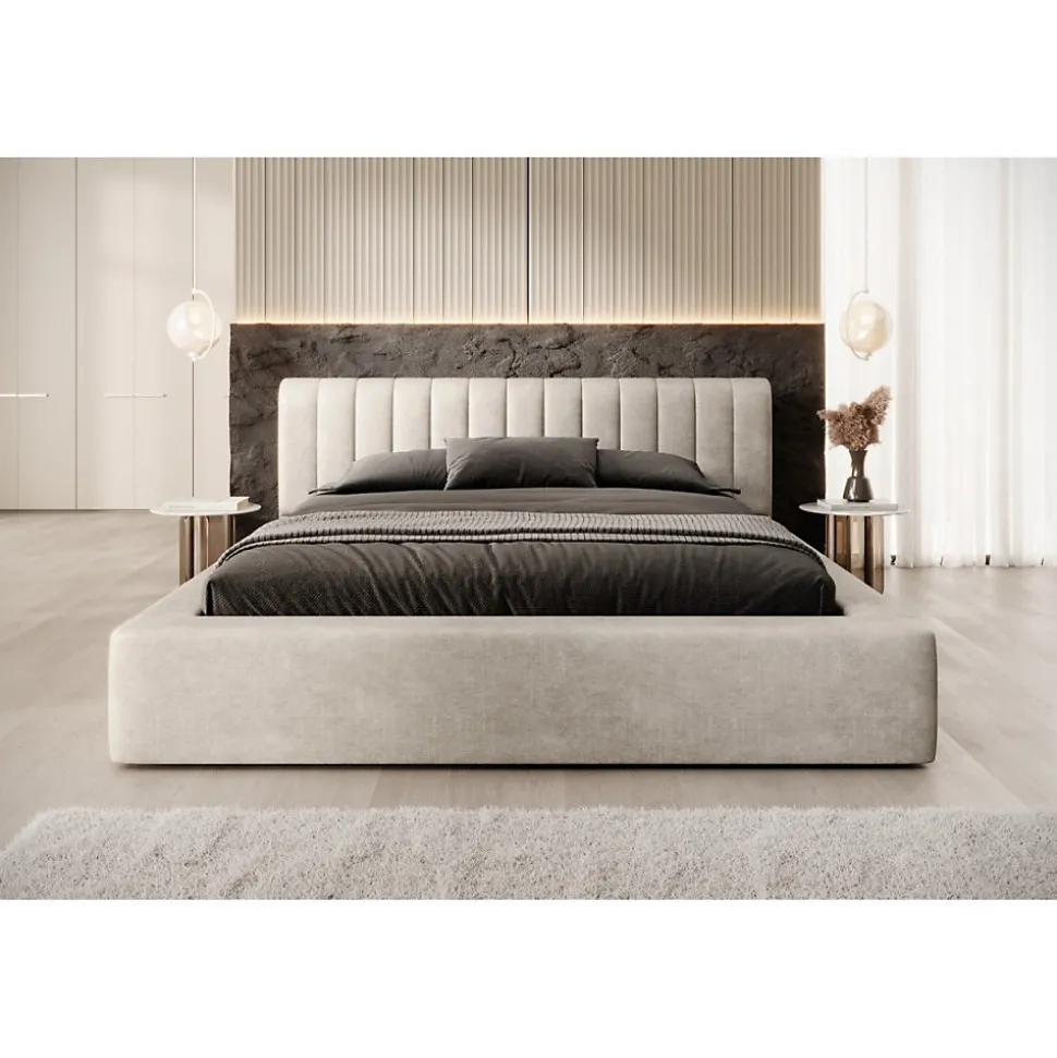 Lit coffre CERVIN Velours doux Lin naturel 180x200 cm Sommier relevable Design élégant