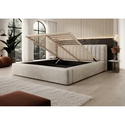 Lit coffre CERVIN Velours doux Lin naturel 180x200 cm Sommier relevable Design élégant