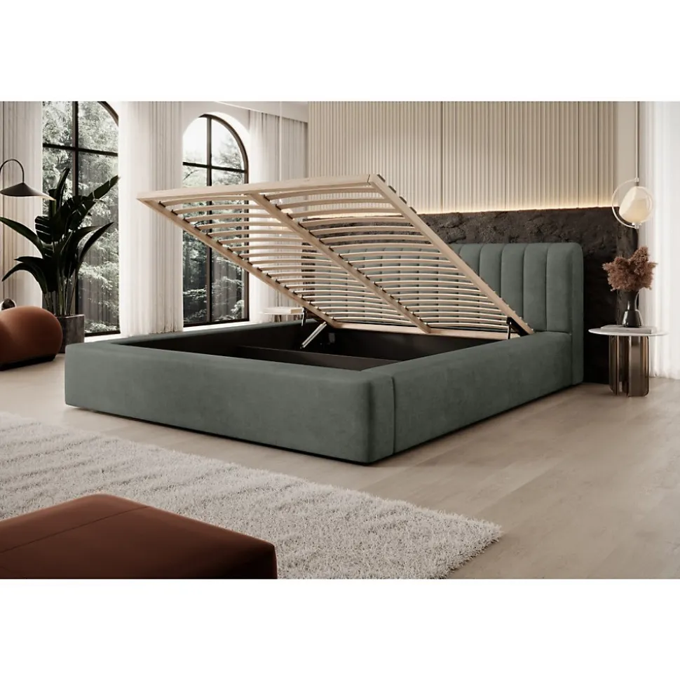Lit coffre CERVIN Velours doux Sauge Nocturne 140x200 cm Sommier relevable Design élégant